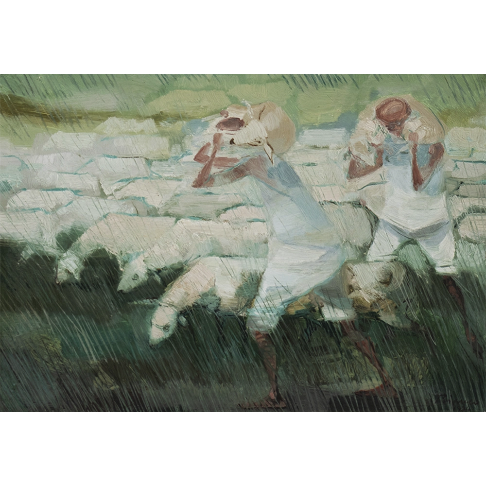 Enrico Bianco - Meninos com carneiros. Acrílica sobre madeira, 24x34 cm, 1974