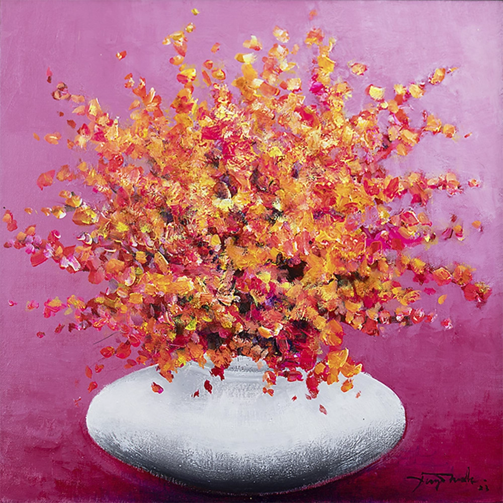 Yugo Mabe - Vaso com flores III. Acrílica sobre tela, 40x40 cm, 2023