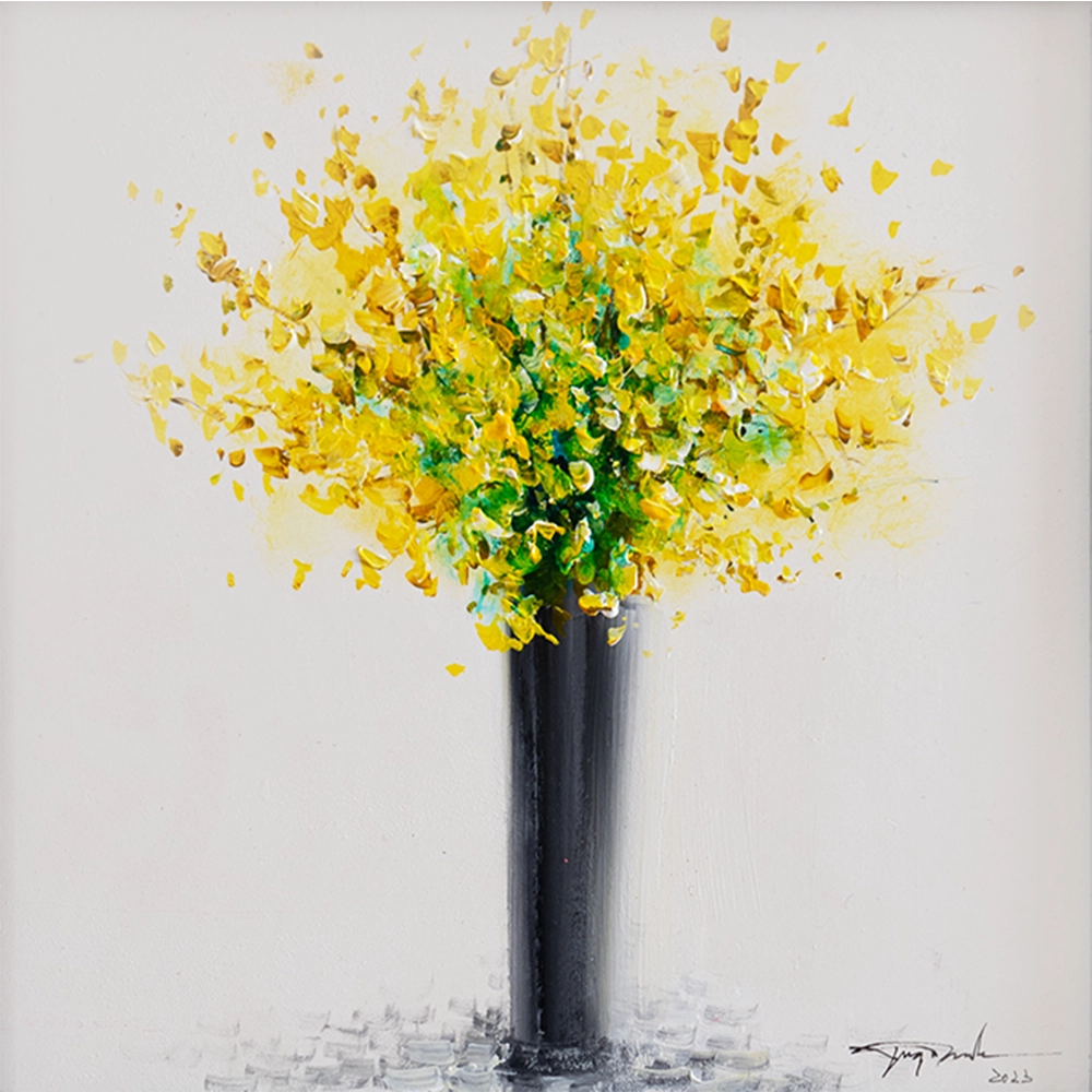 Yugo Mabe - Vaso de flores amarelas. Acrílica sobre madeira, 30x30 cm, 2023