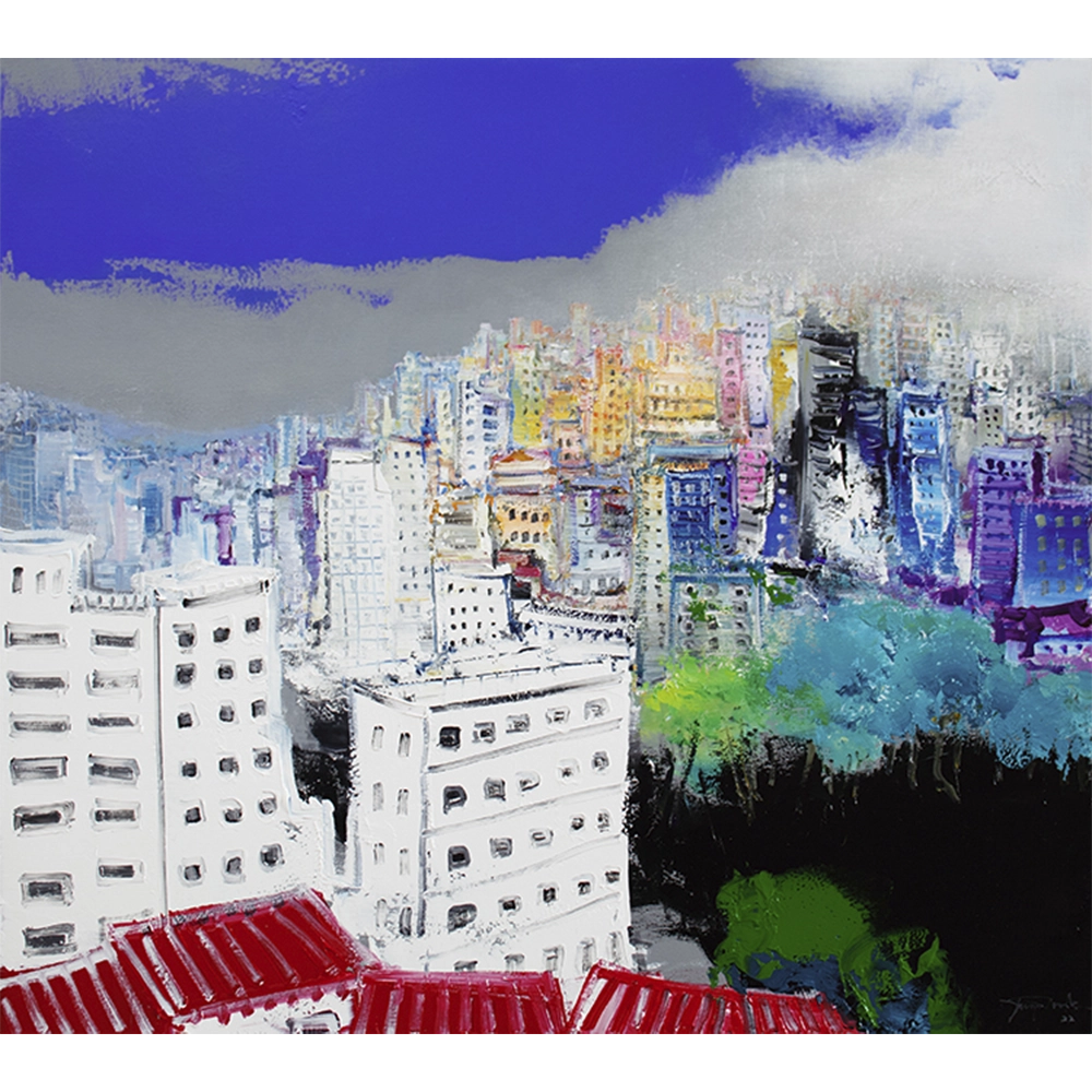 Yugo Mabe - Cidade. Acrílica sobre tela, 90x100 cm, 2022