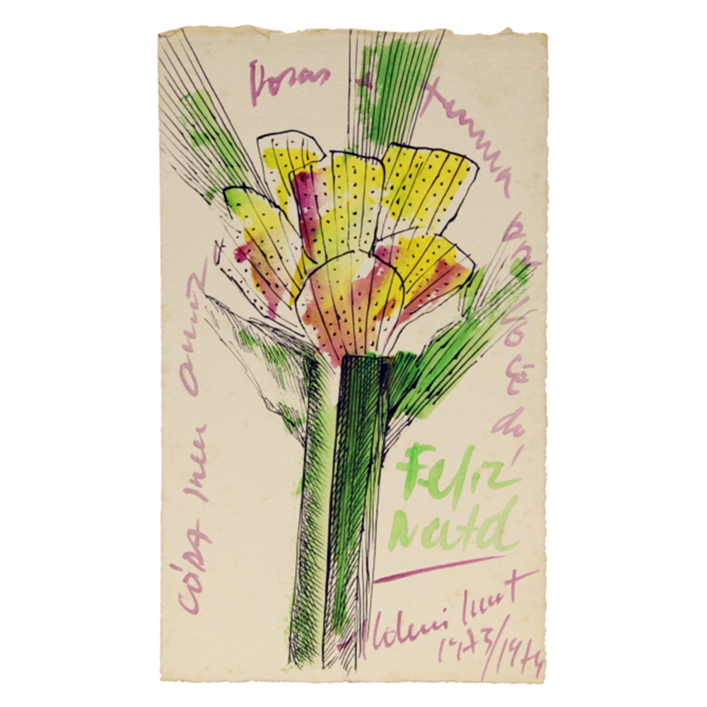 Aldemir Martins - Cartão para Cora. Nanquim, aquarela e pico de pena sobre papel, 22x13 cm, 1973/1974