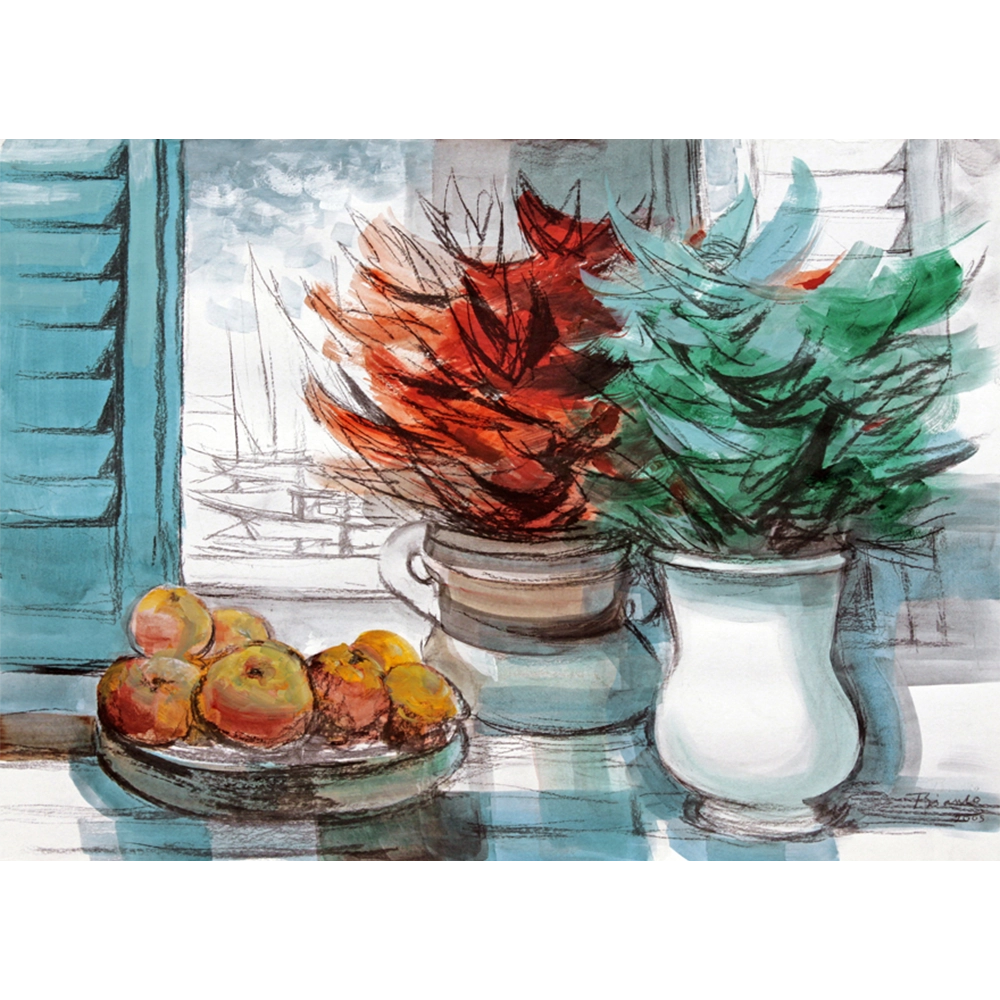 Enrico Bianco - Natureza morta com flores. Carvão e acrílica sobre papel, 56x77 cm, 2005