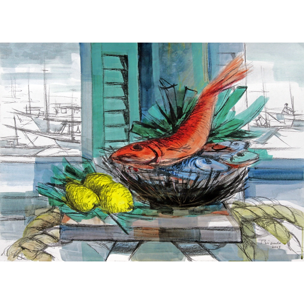 Enrico Bianco - Natureza morta com peixes. Carvão e acrílica sobre papel, 56x77 cm, 2005