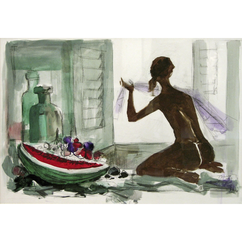 Enrico Bianco - Nu e natureza morta. Técnica mista sobre cartão, 52x72 cm, 2007