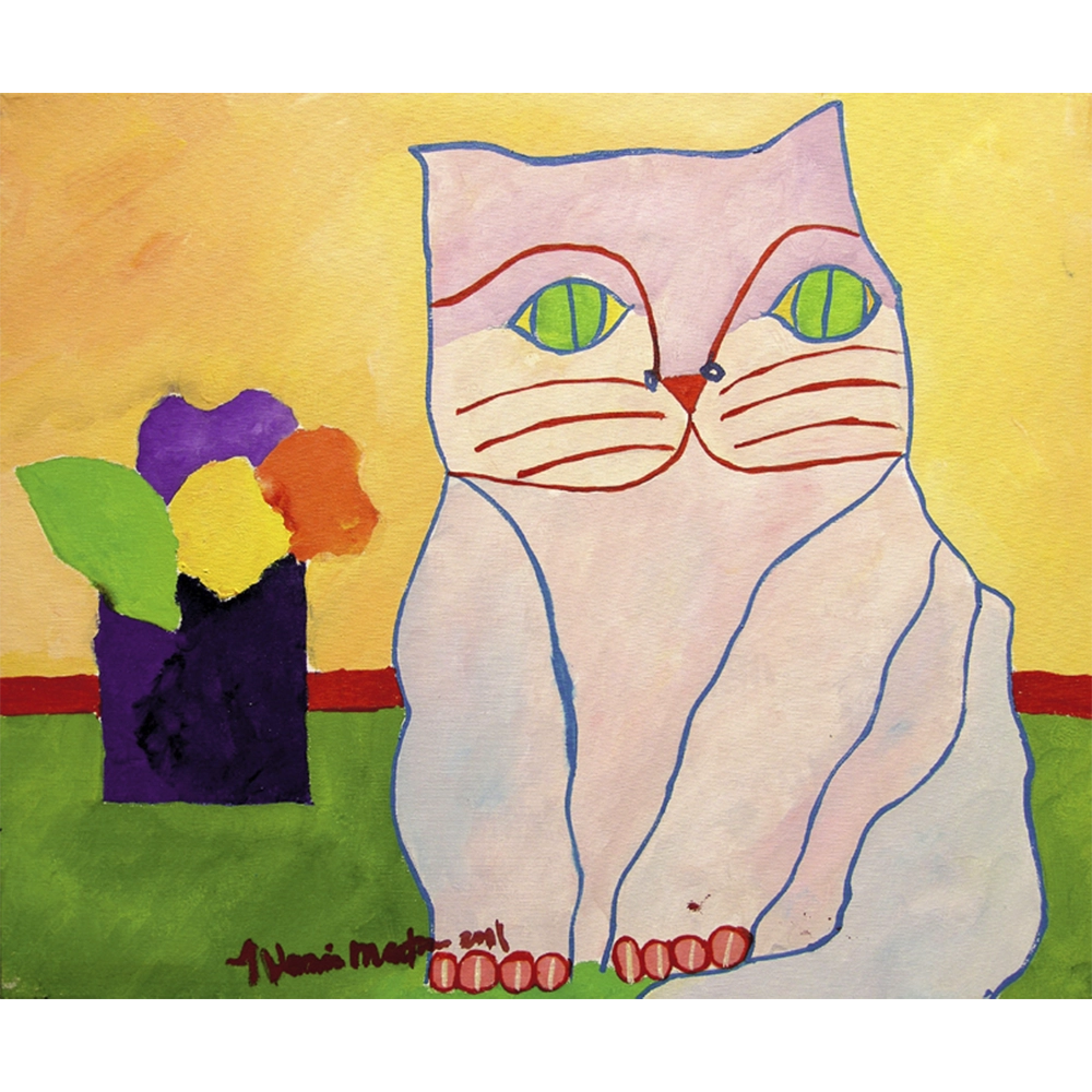 Aldemir Martins - Gato e vaso com flores. Acrílica sobre tela, 46x55 cm, 2001