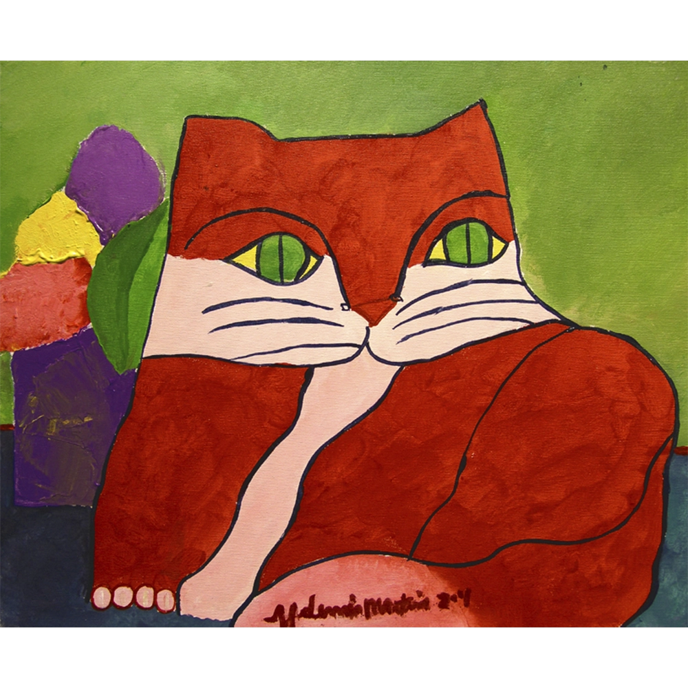 Aldemir Martins - Gato vermelho e vaso roxo com flores. Acrílica sobre tela, 46x55 cm, 2001