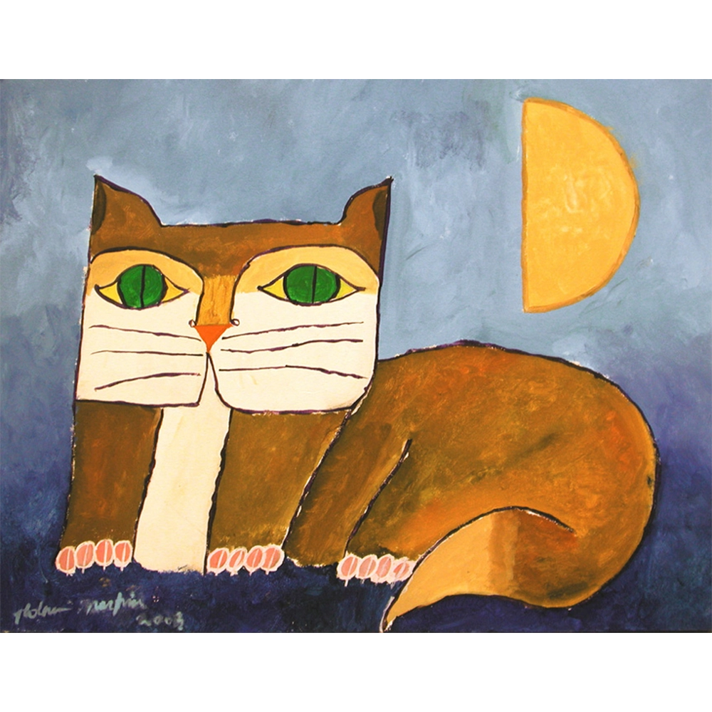Aldemir Martins - Gato marrom a meia lua. Acrílica sobre tela, 60x80 cm