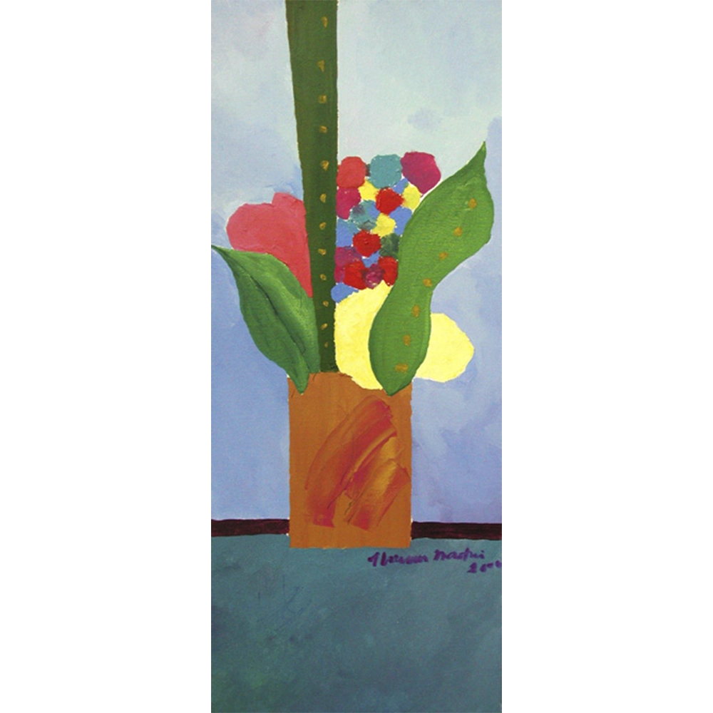 Aldemir Martins - Vaso azul com flores e plantas. Acrílica sobre tela, 85x35 cm, 2000