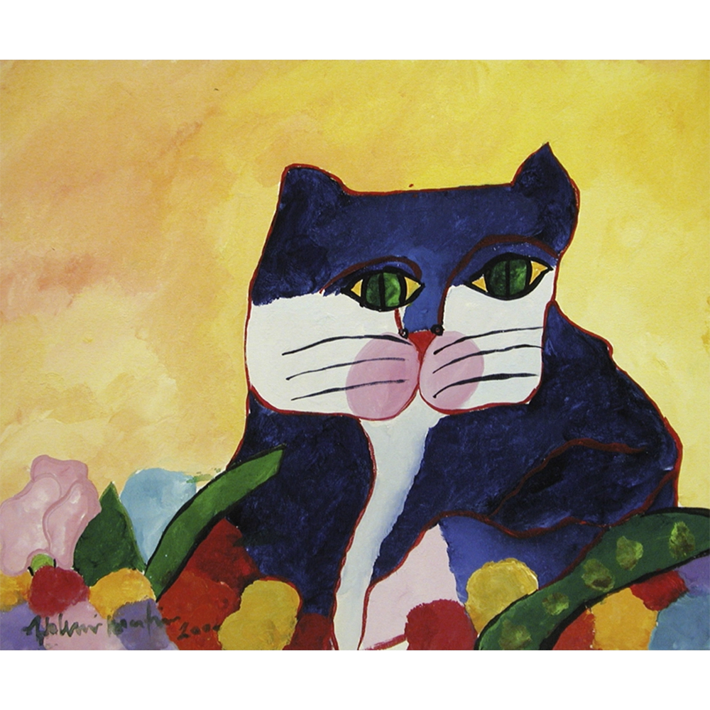 Aldemir Martins - Gato azul e plantas. Acrílica sobre tela, 46x55 cm, 2000