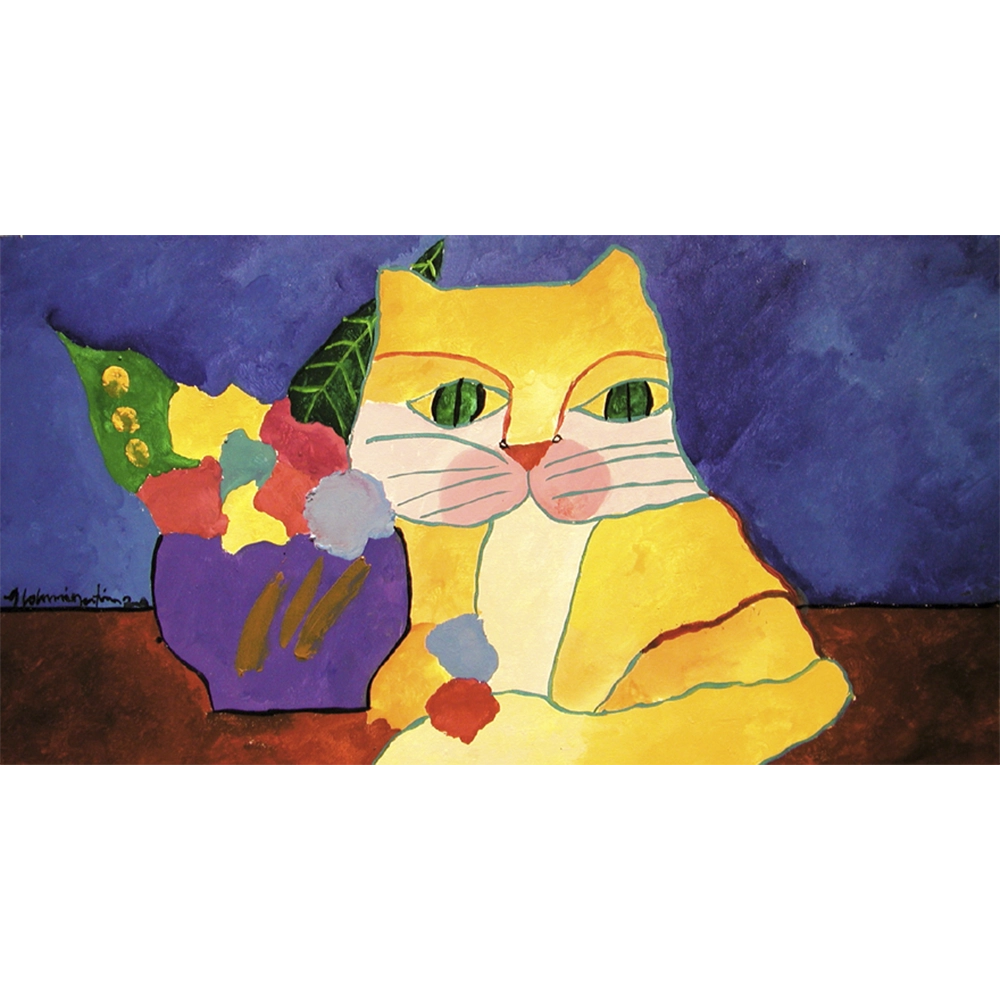 Aldemir Martins - Gato amarelo e vaso roxo com flores. Acrílica sobre tela, 46x85 cm, 2000
