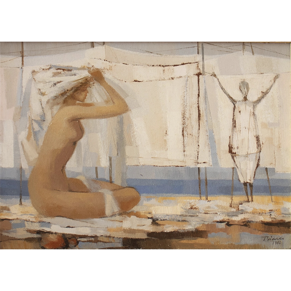 Enrico Bianco - Nú e lavadeira. Óleo sobre placa, 29x39 cm, 1983