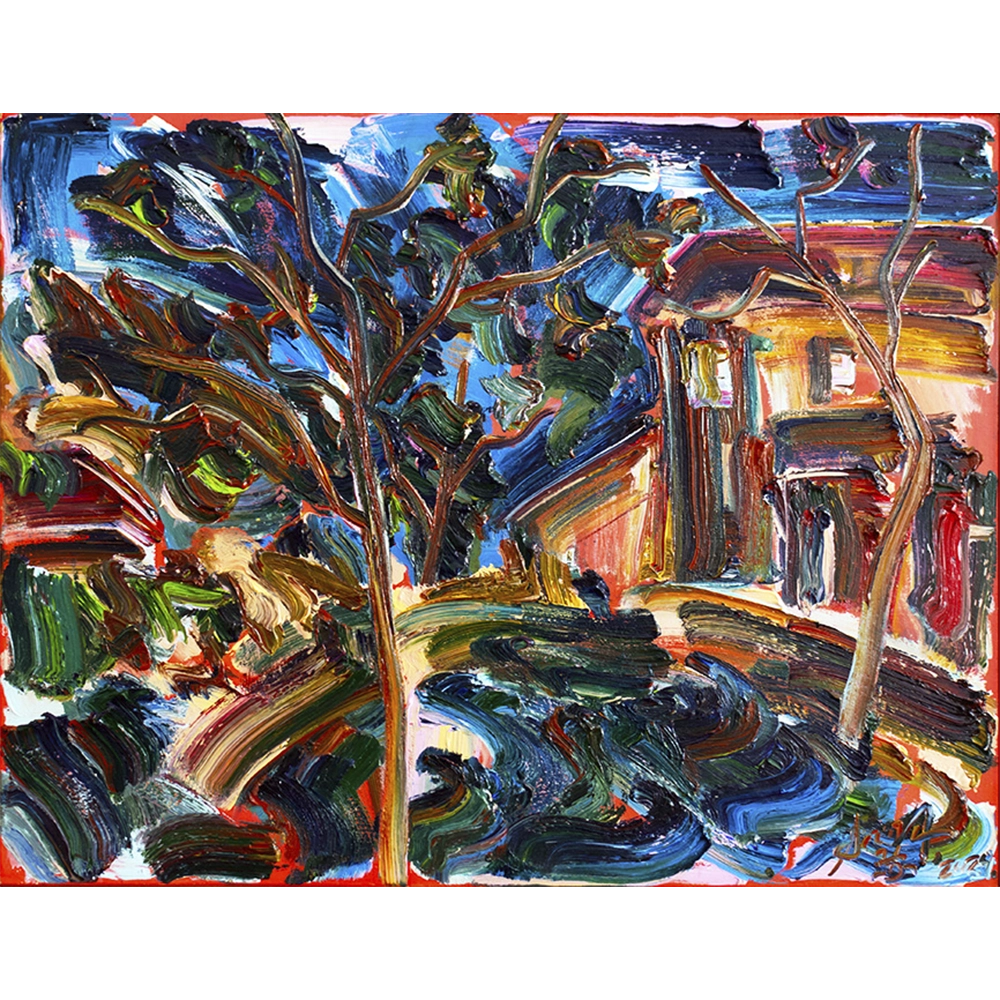 Sou Kit Gom - Casa do lago ao amanhecer. Acrílica sobre tela, 85x110 cm, 2024.