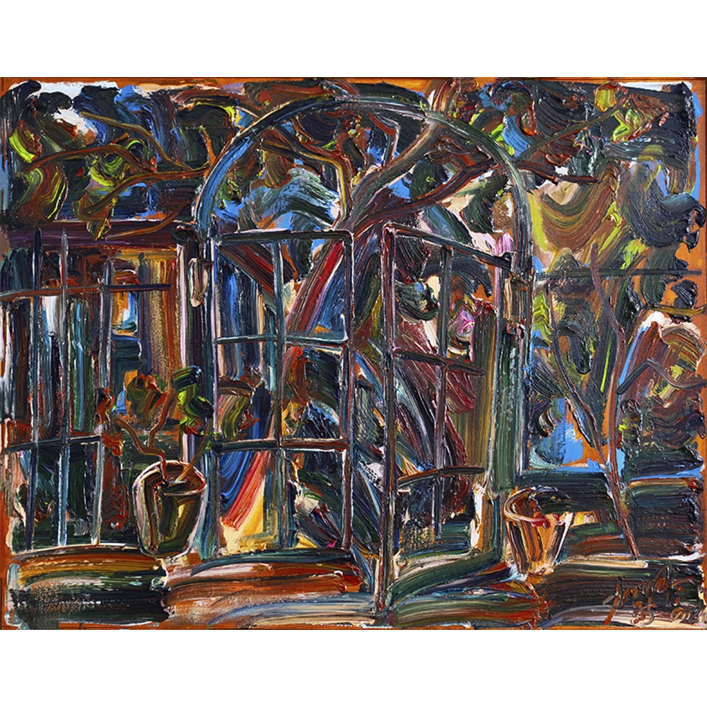 Sou Kit Gom - Vista da janela ao anoitecer. Acrílica sobre tela, 94x109 cm, 2024.