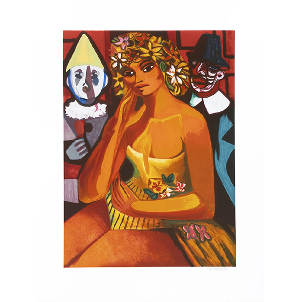 Di Cavalcanti - Mulher com palhaços x/120. Serigrafia, 89x70 cm.