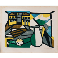 Aldo Bonadei - Natureza morta com casario 98/100. Xilogravura, 35x47 cm