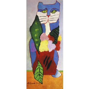Aldemir Martins - Gato azul com vaso de flores. Acrílica sobre tela, 85x35 cm, 2001