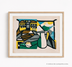 Aldo Bonadei - Natureza morta com casario 98/100. Xilogravura, 35x47 cm