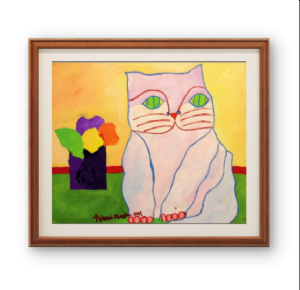Aldemir Martins - Gato e vaso com flores. Acrílica sobre tela, 46x55 cm, 2001